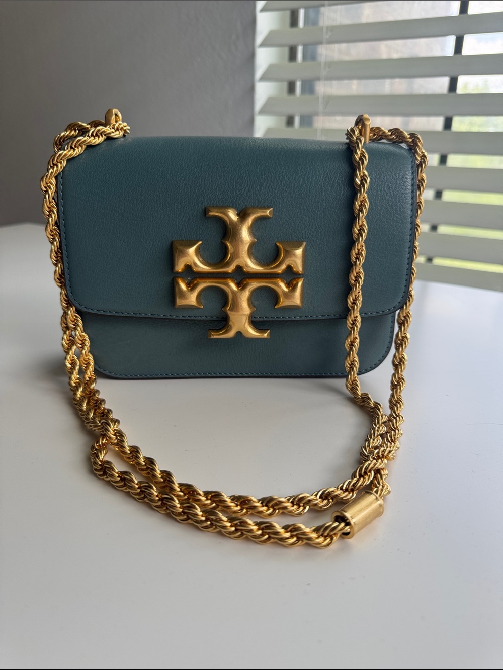 Tory Burch Teal Leather Logo Chain Crossbody